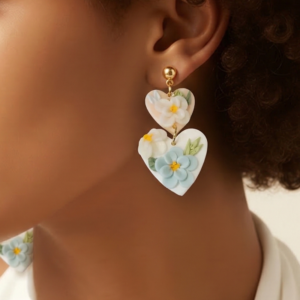 Floral Heart Dangle Earrings Polymer Clay Flower Handmade Style Boho Garden